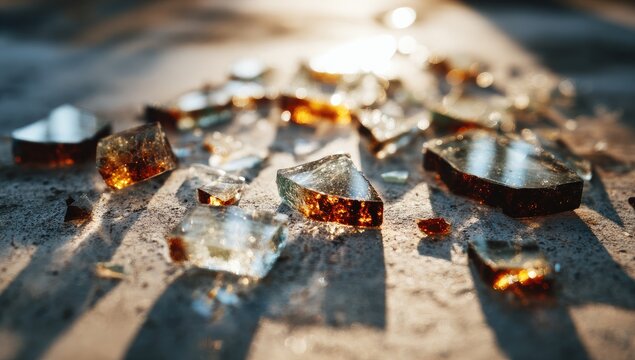 Close-up of scattered, shattered glass shards on a concrete surface, lit by sunlight