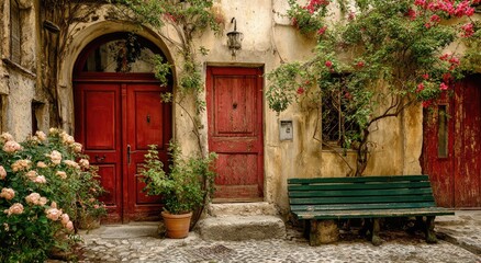Charming courtyard entrance featuring vibrant red doors, lush greenery, stone walls, and a quaint bench