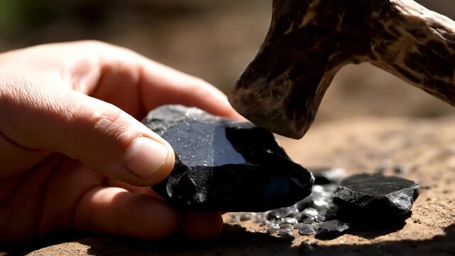 Breaking Obsidian With Hammer to Create Sharp Tool Outside