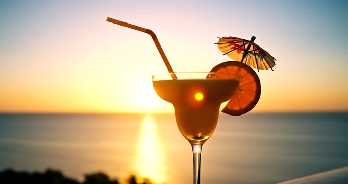 Refreshing cocktail with umbrella at sunset by the ocean, serene atmosphere
