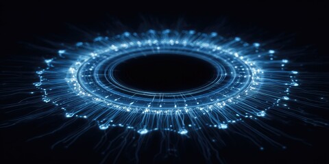 Digital artwork of glowing blue circular energy emanating outward on a dark background