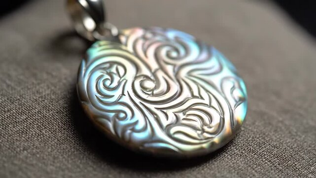 Labradorite Pendant With Engraved Pattern on a Grey Surface