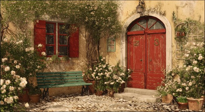 Rustic Mediterranean facade features a red door, shuttered window, bench, and climbing blooms