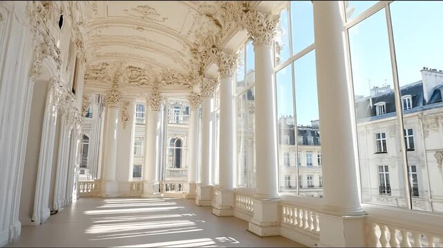 Interior view of an ornate hall with columns and large windows bright and decorative architecture