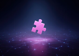 A single pink jigsaw piece floats against a network of glowing lines and a dark blue background