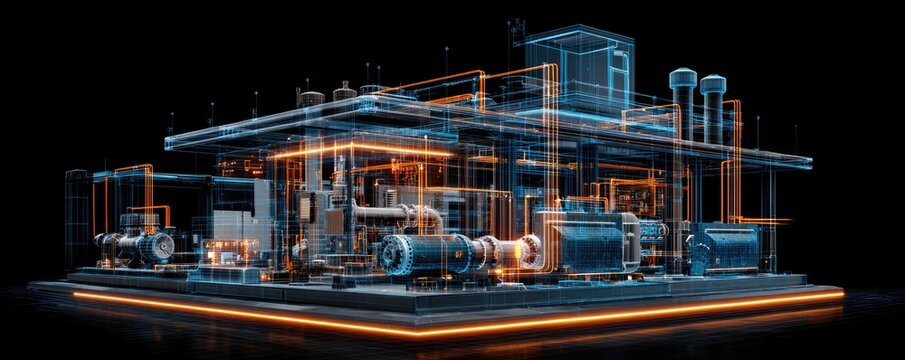 Futuristic schematic of an industrial complex with glowing orange lines and transparent structures