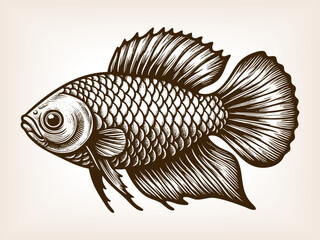 ornamental fish with textured scales and flowing fins, drawn in a classic vintage style sketch engraving generative ai vector illustration. Scratch board imitation. Black and white image.