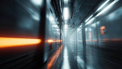 Interior perspective of a futuristic, metallic corridor with bright lights and blurry motion effect
