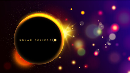 Solar eclipse background. Light effect. Glowing ring circle. Sun in sky. Moon dark shadow. Flare energy. Shining yellow. Elegant glare. Bokeh space glitter. Galaxy star rays. Vector magic round frame