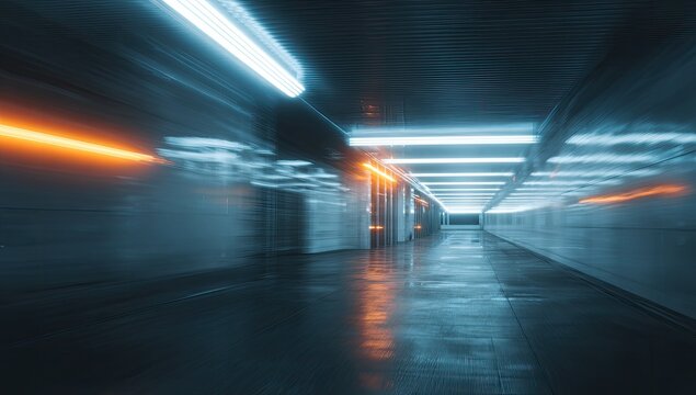 Blurred perspective of a modern passage, illuminated with neon lights in blue and orange hues