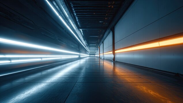 A futuristic corridor with dynamic lighting, reflecting off the floor, creating a sense of speed and depth