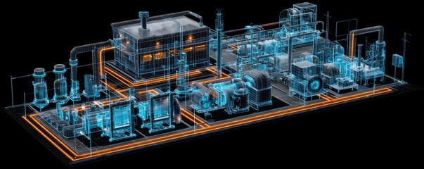 A detailed, stylized illustration of a power plant, utilizing transparent, interconnected components