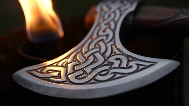 Close-up Shows Detailed Viking Axe With Celtic Knot Designs Being Lit by Small Flame