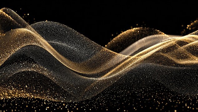 Abstract gold and silver particles form flowing, wave-like shapes against a dark background