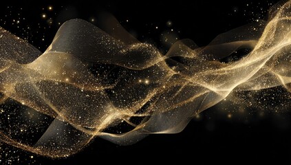 Elegant, flowing golden particles shimmer across a black backdrop, creating an ethereal abstract design