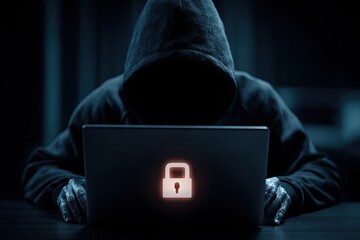 Figure in hoodie, using laptop. Screen displays illuminated padlock. Dim lighting and shadows