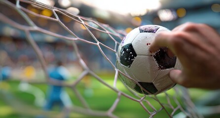 A hand grabs a soccer ball just inside the net during a match, with blurred stadium background