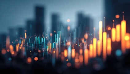 Abstract digital financial data visualization, vibrant bars overlaid on a blurred cityscape