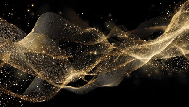 Elegant, flowing golden particles shimmer across a black backdrop, creating an ethereal abstract design