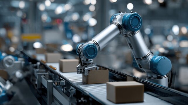 Closeup on a robotic arm sorting items on a conveyor belt AI software interface softly blurred behind it highlighting automation efficiency.