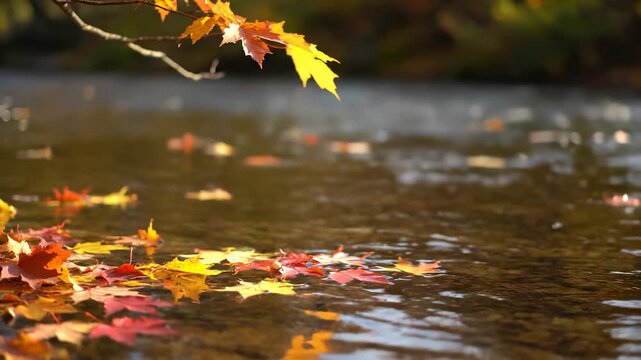 Autumn leaves float on the water as the leaves drift downstream. The leaves create a colorful scene against the flowing water in the peaceful river.