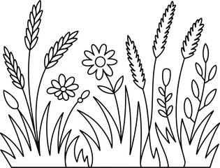 Obraz premium Elegant seamless pattern with wheat ears and floral elements, a nature vector illustration isolated on white