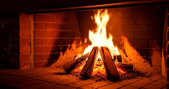 Cozy fireplace with crackling fire and warm ambiance in a rustic living room