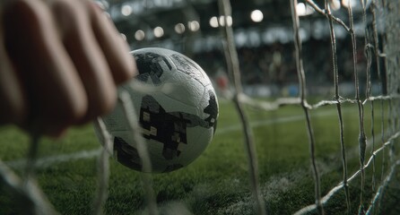 Close-up view of soccer ball in net, hand reaching, stadium in background
