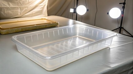 Clear plastic tray in studio lighting for photography and display use