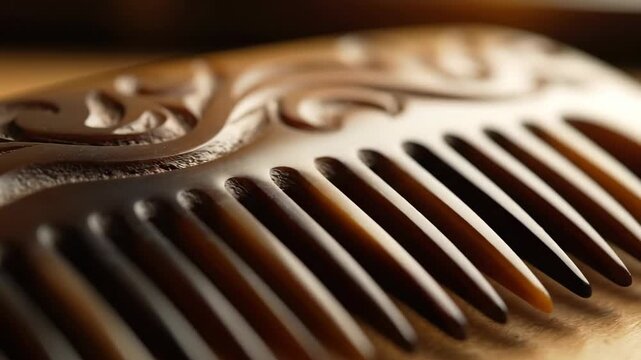 Close up of Carved Horn Comb Shows Details and Craftsmanship on a Wooden Surface