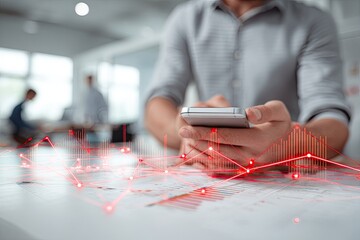 Focus on a person using their device, overlaid with financial data lines