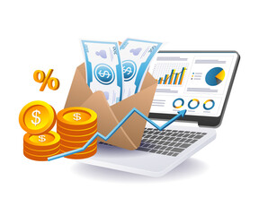 money inside envelope with laptop chart for digital economy concept