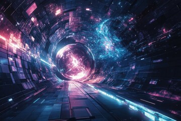 Fototapeta premium Vibrant cosmic tunnel with swirling energy patterns and bright star-like elements