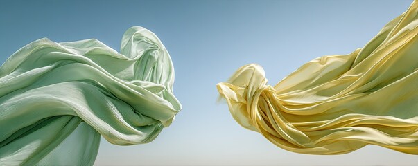 Two silk fabric swathes in complementary colors billowing in the wind against a bright sky