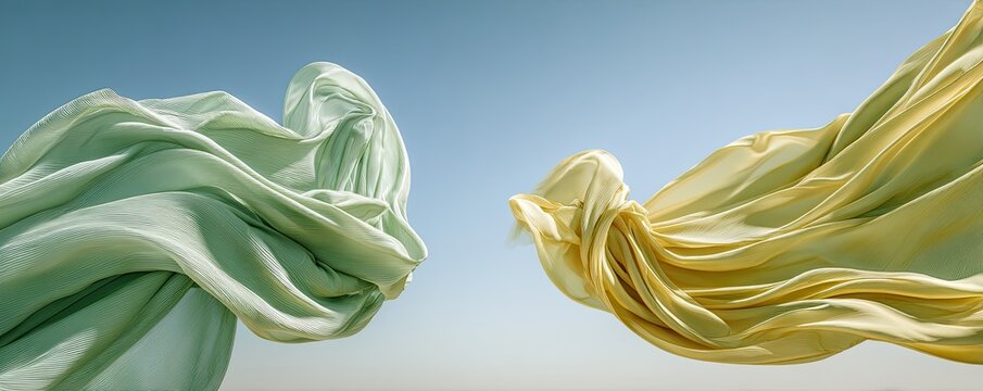 Two silk fabric swathes in complementary colors billowing in the wind against a bright sky