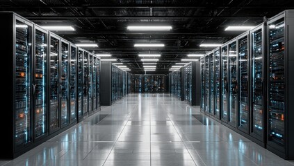 Rows of server racks illuminate a data center hallway with bright overhead lighting