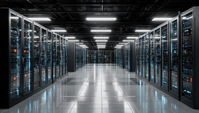 Rows of server racks illuminate a data center hallway with bright overhead lighting - Powered by Adobe