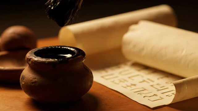 Brush Dipped in Inkwell Writing on Old Parchment at a Desk