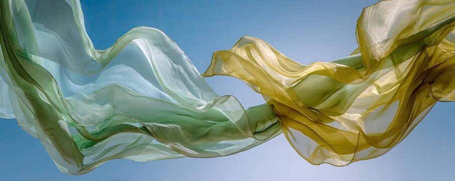 Flowing, sheer fabrics of green and yellow dance against a clear, blue sky. Sunlight filters through the layers