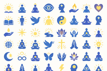 Spiritual Awakening Icon Set — Meditation, Mindfulness, Yoga, Energy, Chakra, and Enlightenment Symbols