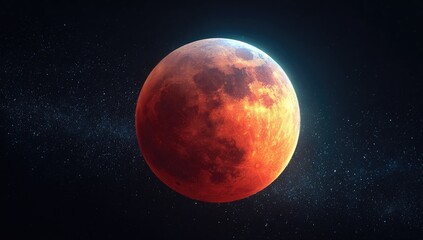 Obraz premium A dramatic, blood-red celestial body, potentially a moon, floats against a starry backdrop