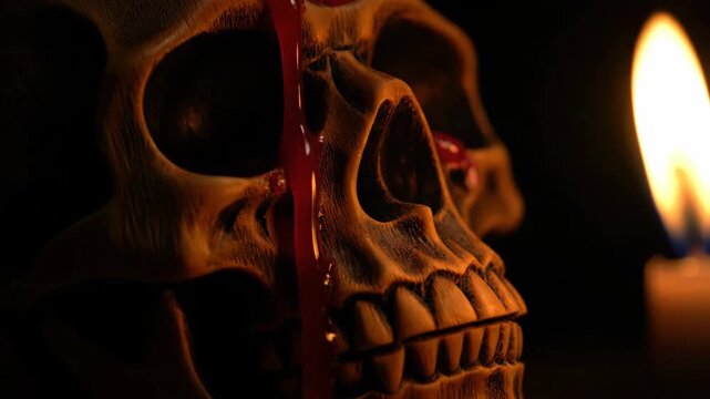 Creepy Skull Illuminated by Candlelight With Red Liquid Dripping Around It
