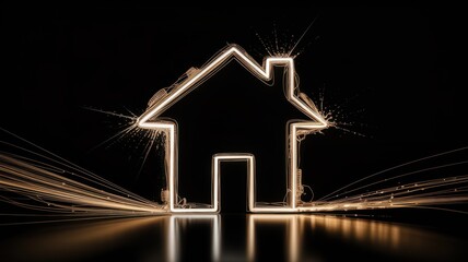 Illuminated house outline with dynamic light effects.