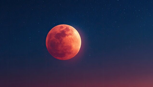 A vivid celestial scene features a red, glowing lunar body against a deep blue starry expanse - Powered by Adobe