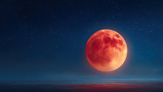 Spectacular view of a vibrant crimson full moon surrounded by starry night sky
