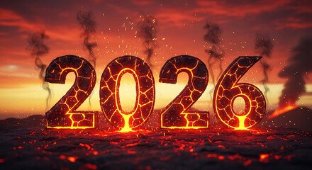 Fiery 2026 numbers glowing with molten lava and smoke