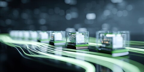 Conceptual image features rows of miniature electronic circuit boards with glowing green light trails