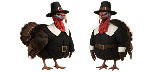 Two turkeys in pilgrim costumes on a transparent background. Thanksgiving. Traditions.