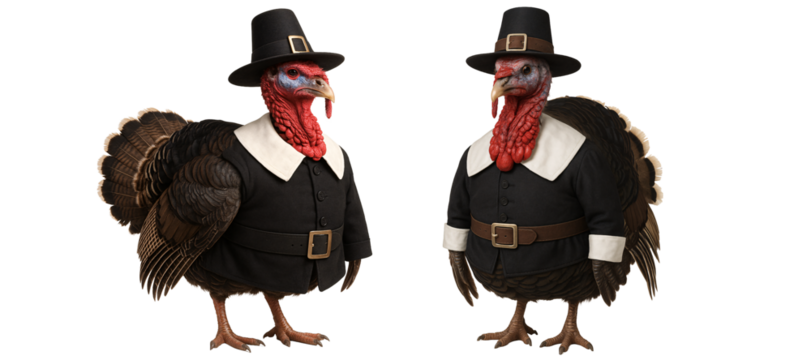 Two turkeys in pilgrim costumes on a transparent background. Thanksgiving. Traditions.
