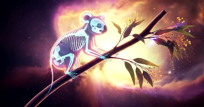 Ethereal koala skeleton perched on a branch against a cosmic backdrop